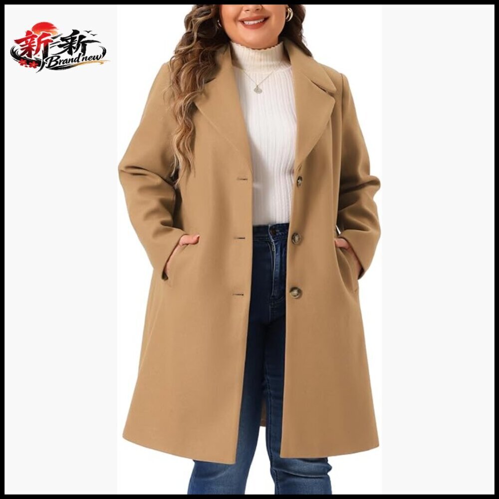 Plus Size Knee Length Pea Coat with Notch Lapel, 100% Polyester